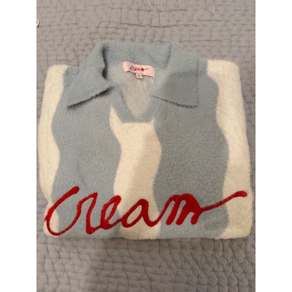 Cream Fuzzy Knit Polo Sweater Blue White Wavy Stripe Logo Pullover Medium